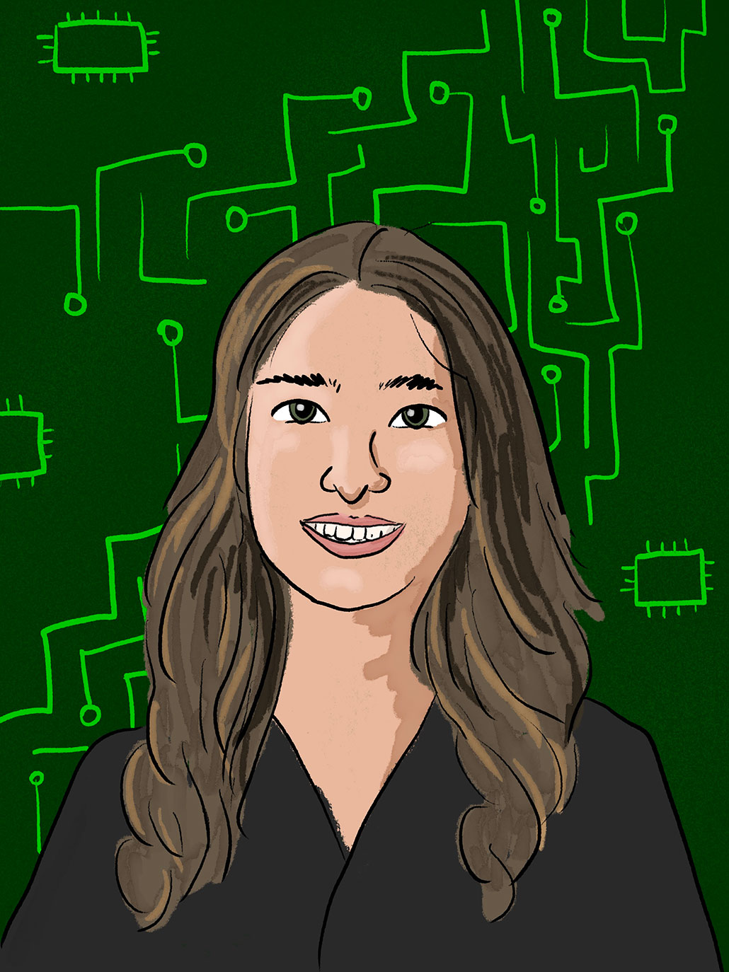 an illustration of a young lady with long brain hair agains a background resembling a circuitboard