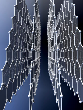 An illustration of carbon atoms connecting to each other to create four tall sheets side by side