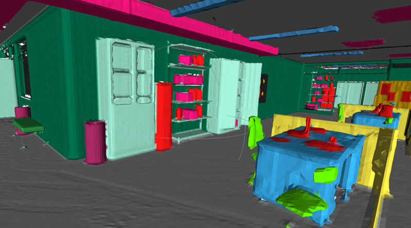 an image of a room mapped by Kimera showing blurry furniture, shelves, counters, chairs, etc..
