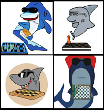 a set of four images of sharks trying to play ches with their tails, teeth, or hands