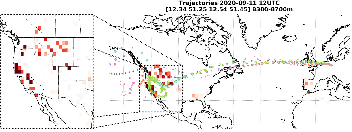 a map showing the path smoke took from wildfires in the US West to Euroupe