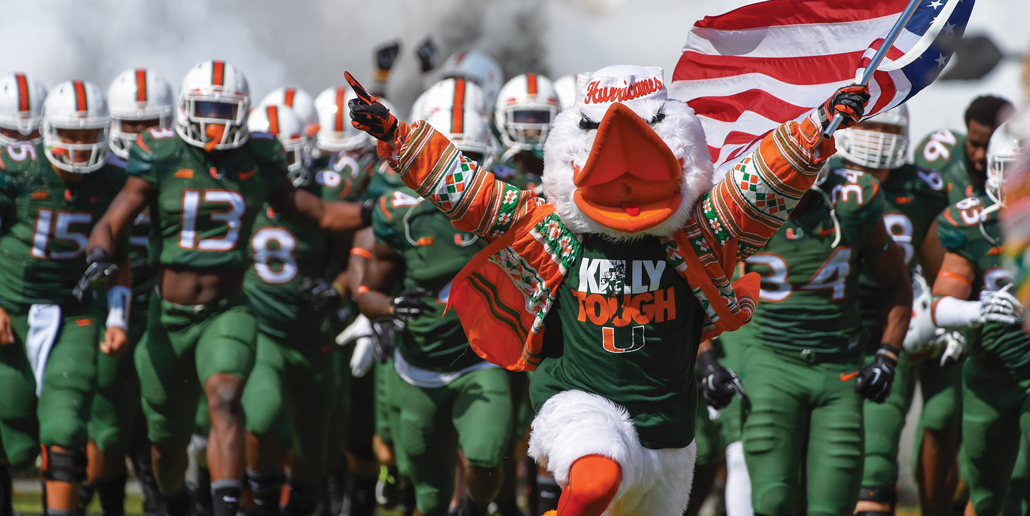 photo of the University of Miami Hurricanes football team running onto a field with their mascot
