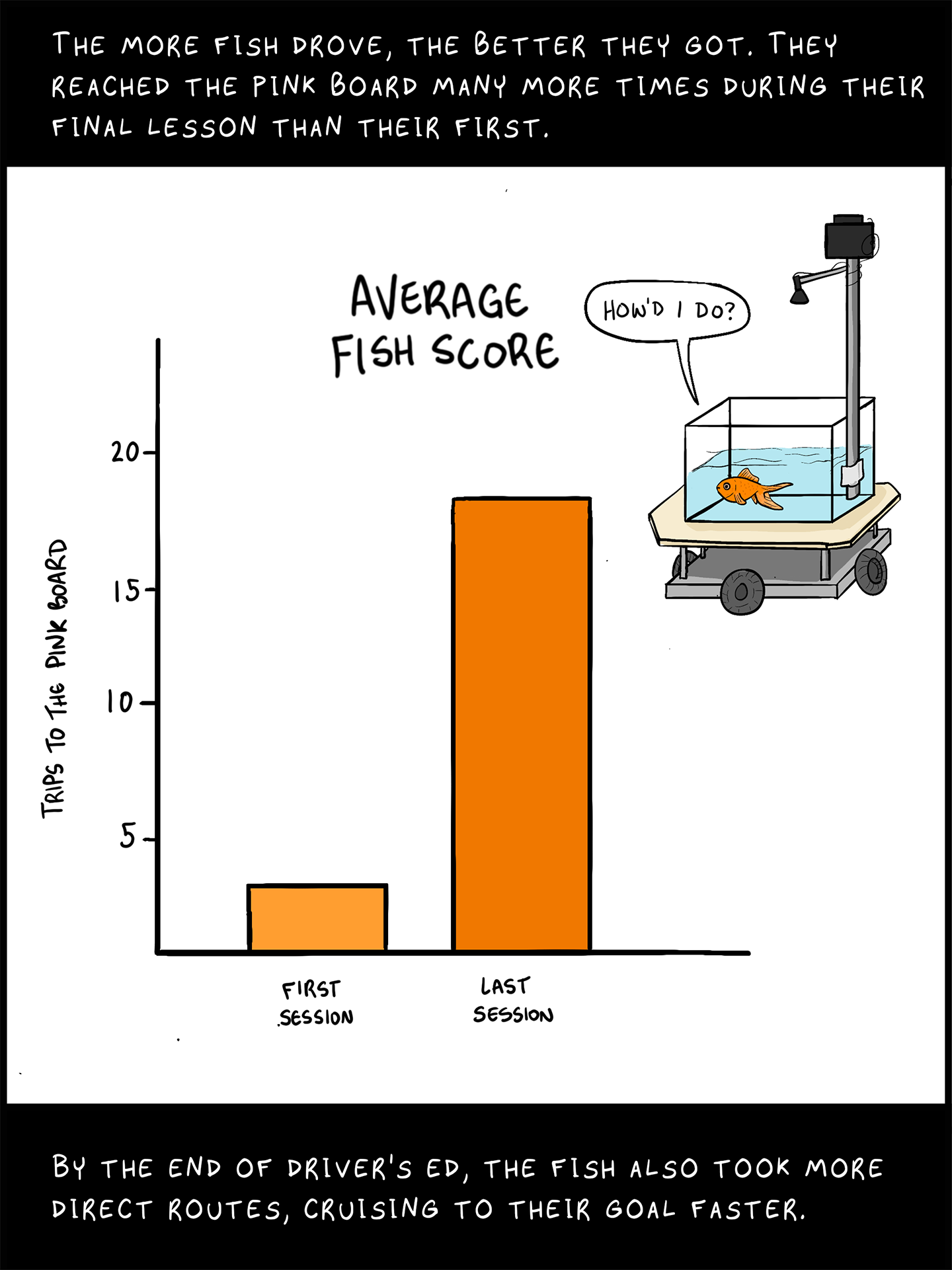 Image: A graph showing how the fishes improved over time. In the upper right corner the fish is in the tank on wheels. [Fish speech bubble: How’d I do?]

Image text (top): The more fish drove, the better they got. They reached the pink board many more times during their final lesson than their first. 

Image text (bottom): By the end of driver’s ed, the fish also took more direct routes, cruising to their goal faster.