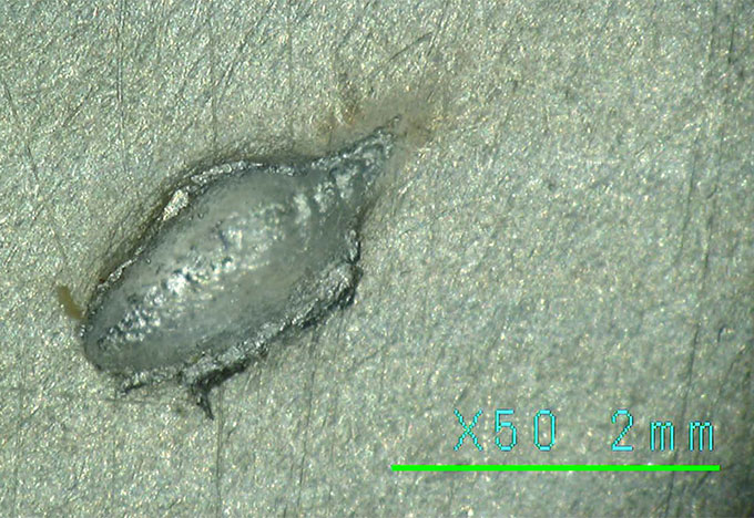 a picture showing the impact crater from a tiny piece of debris