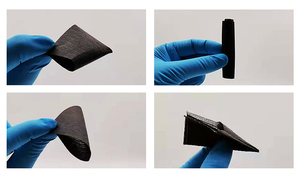 a composite image of four photos showing a black-gloved hand holding a black piece of fabric taking different shapes; folded in half, rolled into a cylinder, folded along a different axis, and folded into a paper airplane