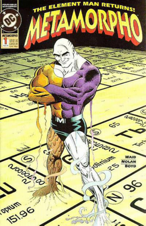 an image of a comic book cover reading "Metamorpho" with a muscular white-skinnedbald man in a muscle suit that is half yellow, a quarter purlple and a quarter white. He appears to be standing on the periodic table