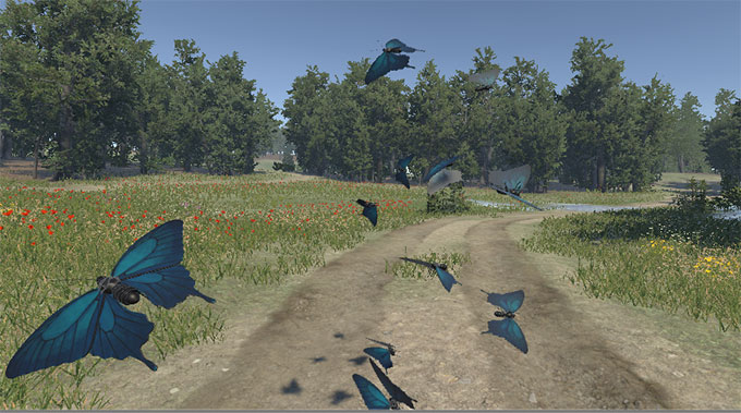 A "happy" virtual reality setting. A dirt road with grass to eaither side and trees on the horizon. There are blue butterflies fluttering in front of the viewer.