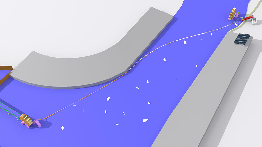 a schematic shows how a bubble-producing pipe would snake through the water of a creek to corral trash