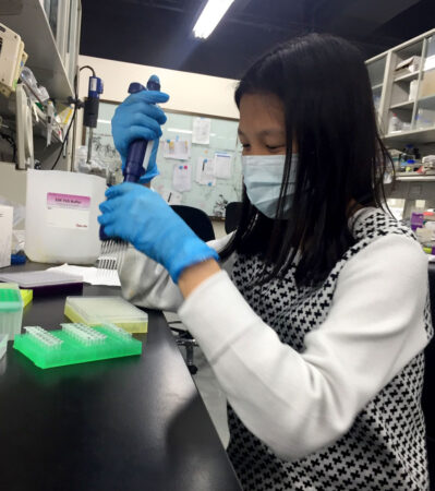a photo of Shao-Jyun Lai in a laboratory wearing a mask and blue gloves. She's pipetting plant samples to prepare for a PCR test.
