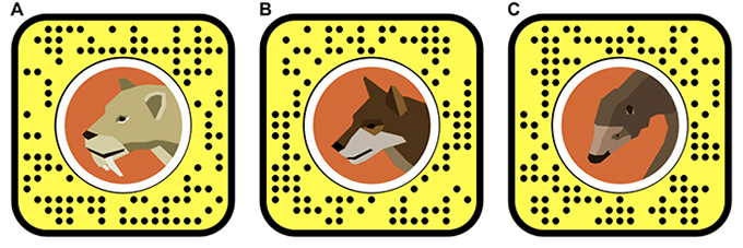 three Snapchat codes for a saber-toothed cat, a dire wolf, and a Shasta ground sloth