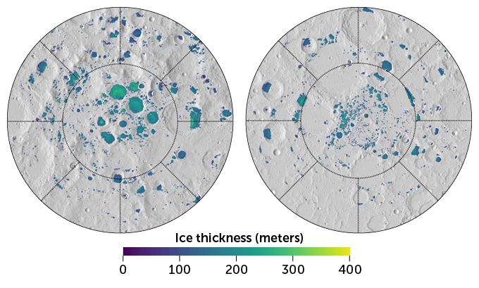 Results from computer simulation showing thickness of ice at lunar poles.