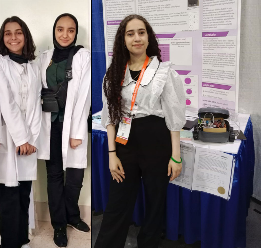 a composite photo showing Ayay, Sarah, and Areen (standing in front of their project booth at ISEF 2022)