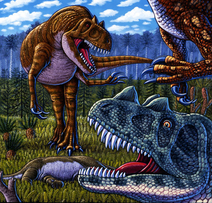 an illustration of an Allosarus defending it's lunch