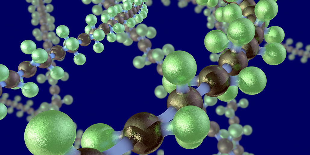 a computer illustration of the long molecular chain of Teflon